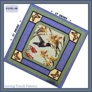   HUMMINGBIRD BUTTERFLIES FLORAL QUILT FABRIC PANEL 17 x17 #B  