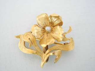 Antique 1900 Art Nouveau 10K Solid Gold Watch Pin Pearl Flower  