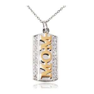  Gold Over Sterling Silver Cubic Zirconia Mom Dog Tag 