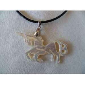    Hand Carved Unicorn Mother of Pearl Shell Necklace 