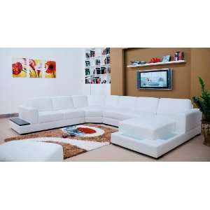  Modern White Full Leather Sectional Sofa with Lights