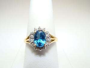 Swiss Blue Topaz and Diamond Split Shank 14K YG Ring Wow Color Nice 