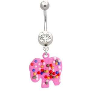   Steel Belly Ring with Clear Crystals  Animal Cookie Elephant Dangling