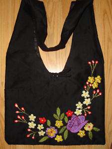 Maui Style Embroidered Flower Shoulder Bag Black  