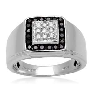 Mens Sterling Silver Black and White Diamond Square Ring (1/2 cttw, I 