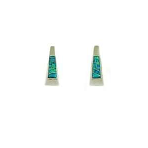 Green Opal Triangular Drop Post Earrings Inlaid In Sterling Silver