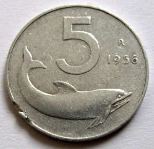 Italy 5 Lire Aluminum Coin 1956 R KM#92 fish RRR  