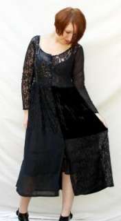 Vintage 1990s Black & Gold Lace Sheer BURNOUT Gypsy Floral Over Dress 
