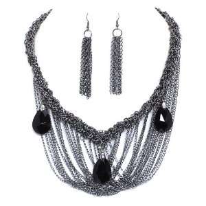 Fashion Chain Necklace Set; 18L; Gunmetal; Black Faceted Tear Shaped 