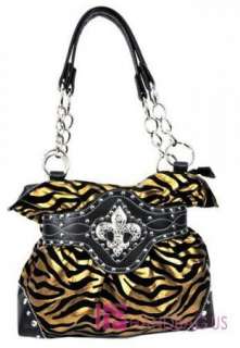 Rhinestone Fleur De Lis Zebra Purse Bag Handbag Gold  