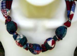 Fabric Knot Statement Necklace   Jeweltone Patchwork  