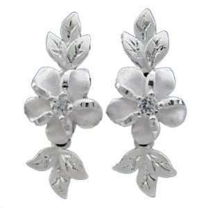  925 Silver Plumeria & Maile Dangle Earrings Hawaiian 