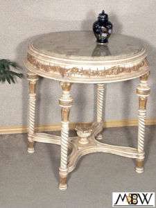 Antique White Finish Ornate Round Table w/ Marble  