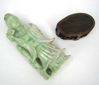 Vintage Chinese Green & White Natural Jadeite Jade Statue w Wood Stand 