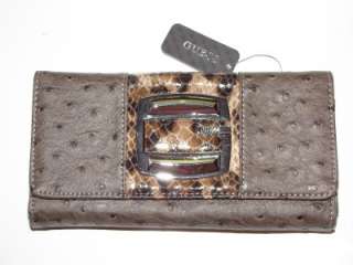 NWT Guess KALINA JUNGLE faux ostrtich brown clutch check wallet 2 pc 