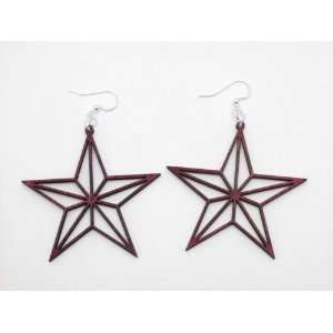  Cherry Red Geometric Star Wooden Earrings GTJ Jewelry