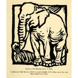  1927 Black and White Linocut Elephant G. S. Brien Artwork 