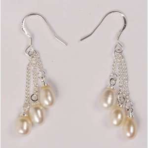   Silver Multi Chain White Freshwater Pearl Fish Hook Dangle Earrings