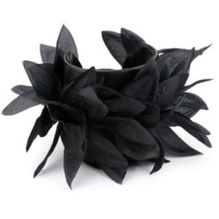 Lisa Stewart Black Feather Trim Two Inch Black Leather Cuff Bracelet 