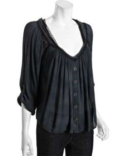Free People black woven crinkle gauze top with lace insets