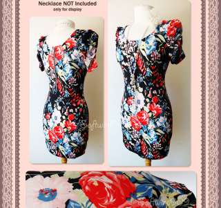 NEW Multi color Floral Print Fitted RETRO Exposed Zipper Back Bodycon 