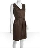 Tahari ASL olive cotton blend poplin belted pocket dress style 
