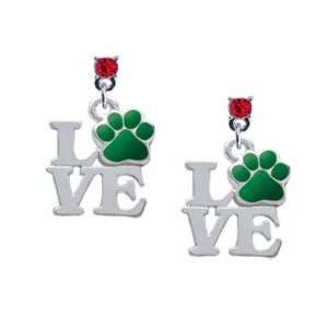 Silver Love with Green Paw Red Swarovski Post Charm Earrings [Jewelry]