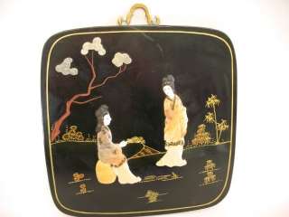   Black/Gold Lacquer Carved Stone Geisha Ladies Wall Plaque Panel  