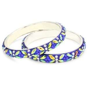 Chamak by priya kakkar Two Rainbow Blue Crystal Leafy Bangle Bracelet 