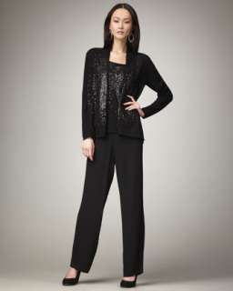 Feathered Sequin Cardigan, Shell & Silk Georgette Pants, Womens