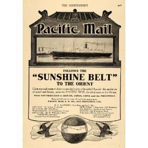  1907 Ad Pacific Mail Sunshine Belt Orient Cruise Ship 