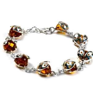  Genuine Light Honey Amber Sterling Silver Ladybug Bracelet 