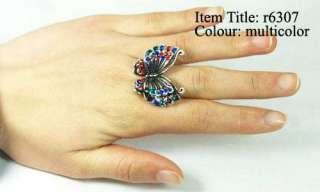 Gift Tibet Silver Butterfly Style Gemstone Diamante CZ Adjustable Ring 
