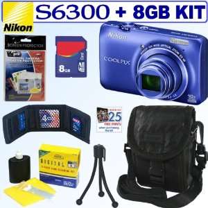  Nikon COOLPIX S6300 16 MP Digital Camera (Blue) + 8GB 