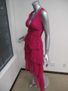 Versace Hot Pink Sleeveless Button Side Ruffle Tiered Evening Dress S 