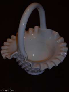 Fenton white milk glass hobnail basket w handle vintage  