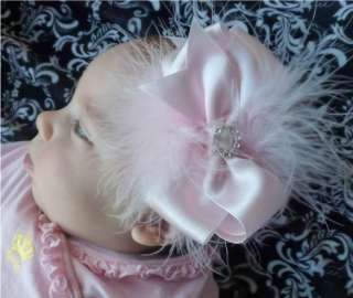 pink white damask baby girl headband marabou feathers bow infant 