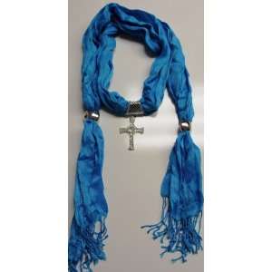   Baby Blue Fashion Scarf with Bejeweled Cross Pendant 