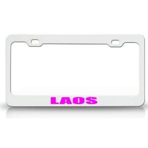 LAOS Country Steel Auto License Plate Frame Tag Holder White/Pink