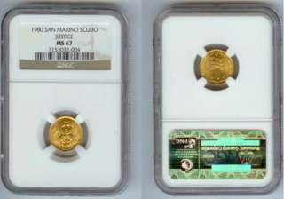 1980 GOLD SAN MARINO 1 SCUDO JUSTICE COIN NGC MINT STATE 67  