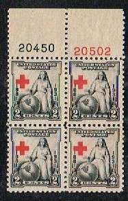 702 TOP PLATE BLOCK OF 4 1931 RED CROSS ISSUE VF NH  