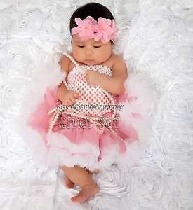 Newborn Baby Light Pink White Pettiskirt Crochet Tube Top 2pc Set 