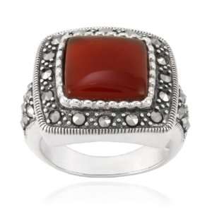  Sterling Silver Marcasite and Cushion Square Carnelian 