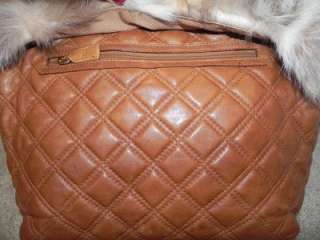   brown tan fox mink hair fur quilted leather purse tote bag $900  