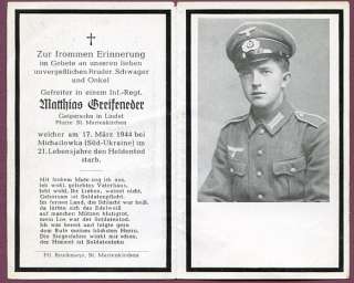 1942 German Death Card Gefreiter Matthias Breifeneder  