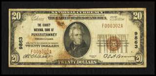 20 1929 Punxsutawney Pennsylvania PA National Currency Bank Note Bill 
