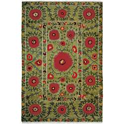   Hand Knotted Green Poppies Wool Rug (26 x 10)  