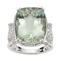 14 kt White Gold 1/5 ct Diamond Green Amethyst Ring  