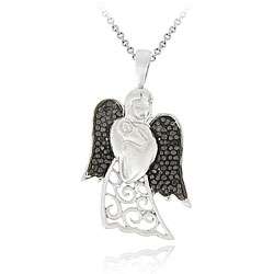 Sterling Silver Black Diamond Accent Angel Holding Baby Necklace 
