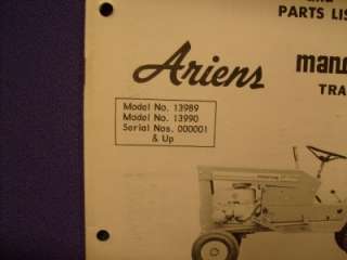 ARIENS MANORWAY TRACTOR OPERATING & PARTS LIST MOWER  
